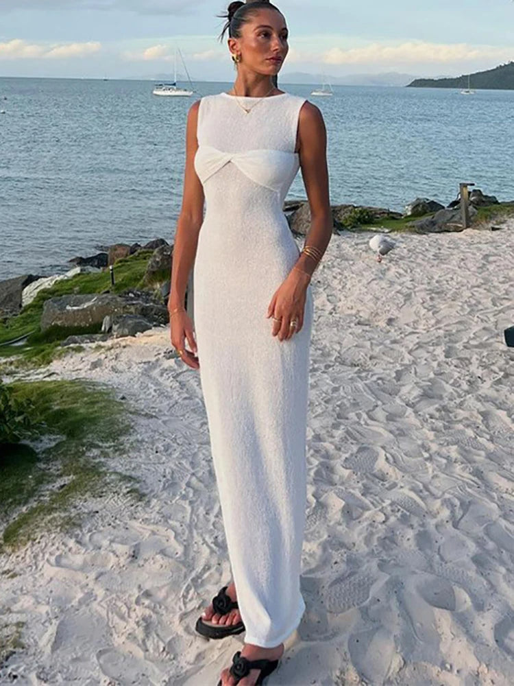 Elegant Sheer Ruched Maxi Dress in Cozy Knit - Celestial Couture