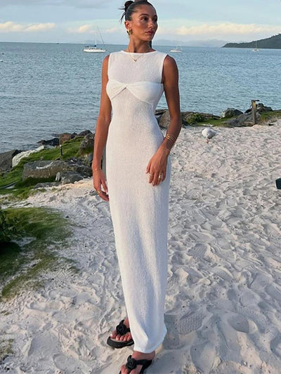 Elegant Sheer Ruched Maxi Dress in Cozy Knit - Celestial Couture