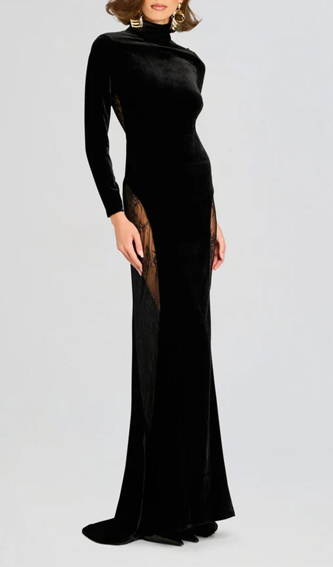 Semi-Sheer Lace Velvet Maxi Dress - Celestia Couture