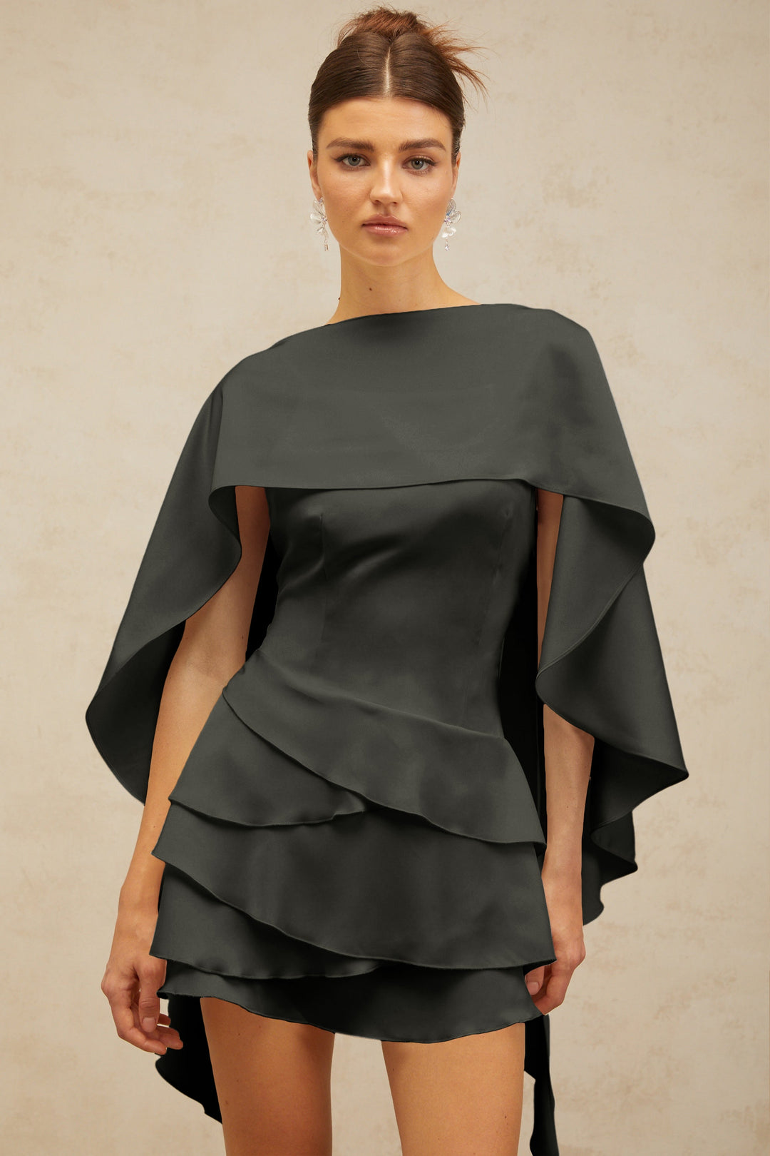 Lyna Black Satin Ruffled Mini Dress with Shawl Panel Detail - Celestia Couture