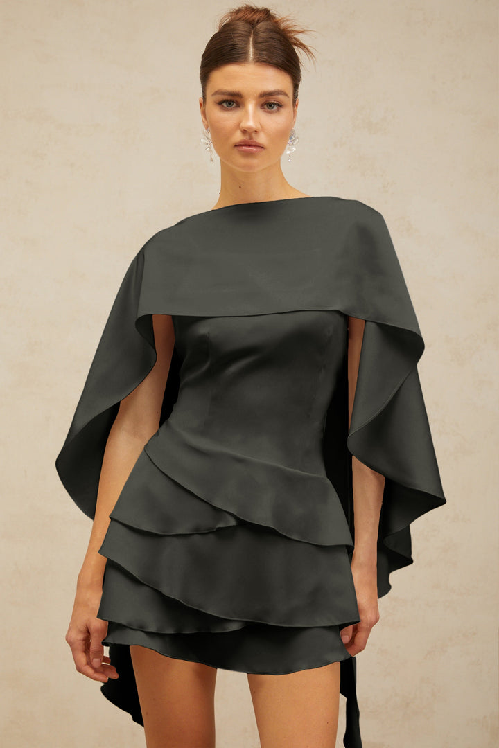 Lyna Black Satin Ruffled Mini Dress with Shawl Panel Detail - Celestia Couture