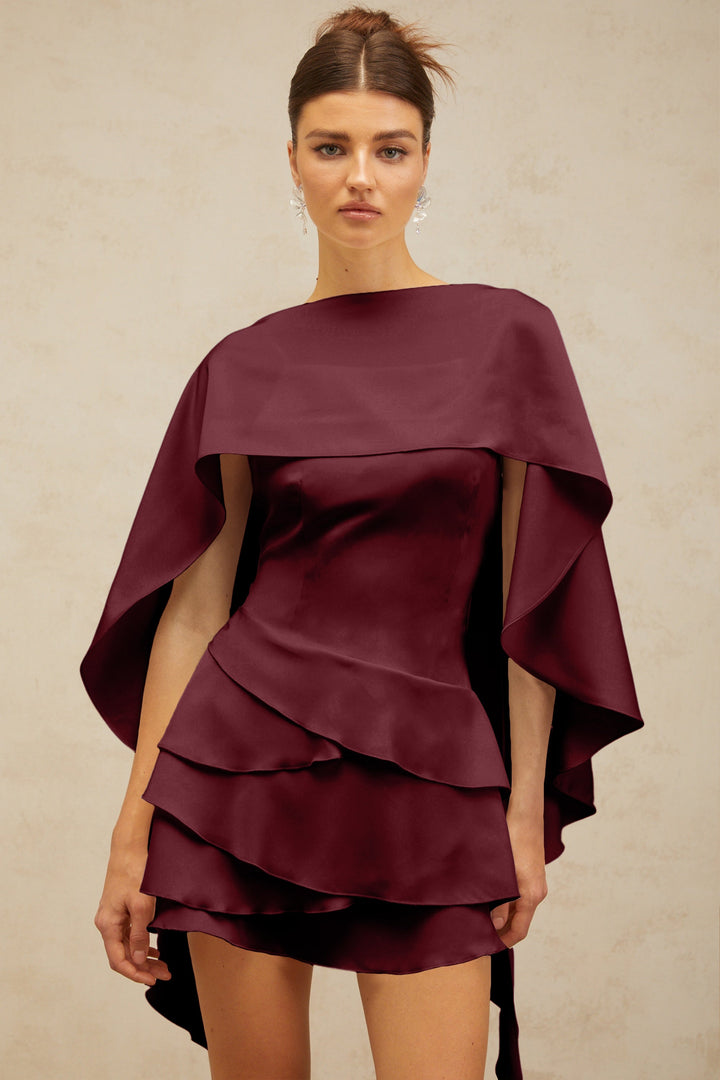 Lyna shawl-panel ruffled satin mini dress in Red - Celestia Couture