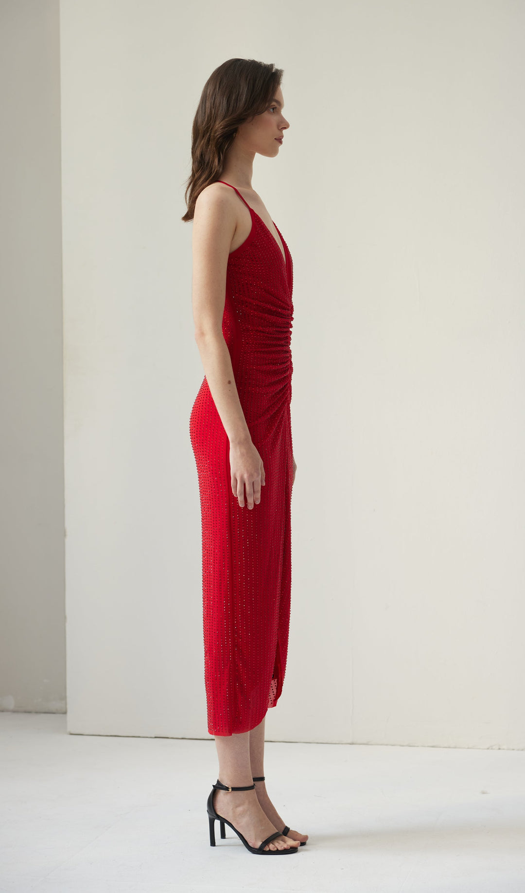 Diamante Ruched Midi Dress - Celestia Couture