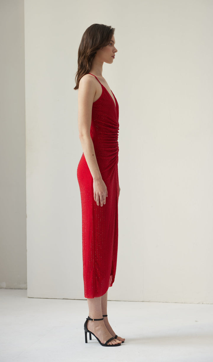 Diamante Ruched Midi Dress - Celestia Couture