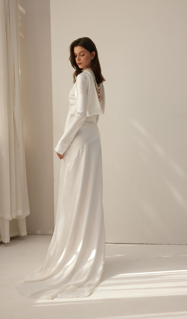 White Satin Long Sleeved Slim Evening Dress - Celestia Couture