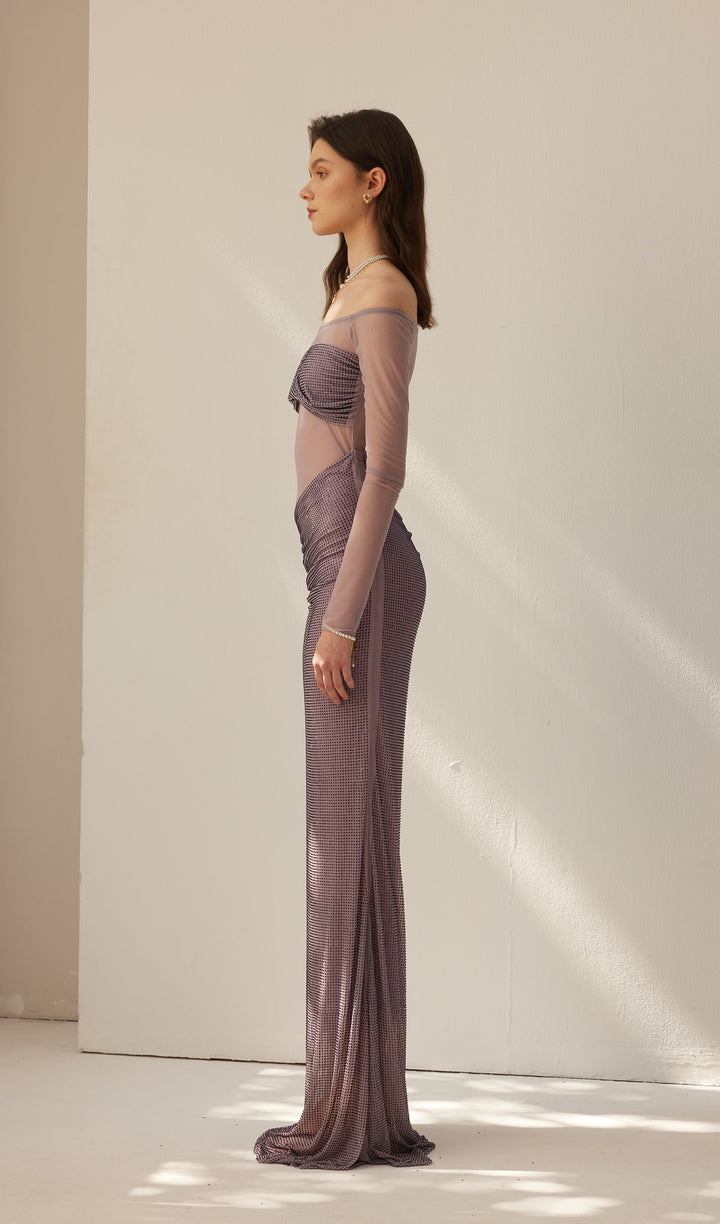Diamante Off Shoulder Maxi Dress - Gray Purple - Celestia Couture