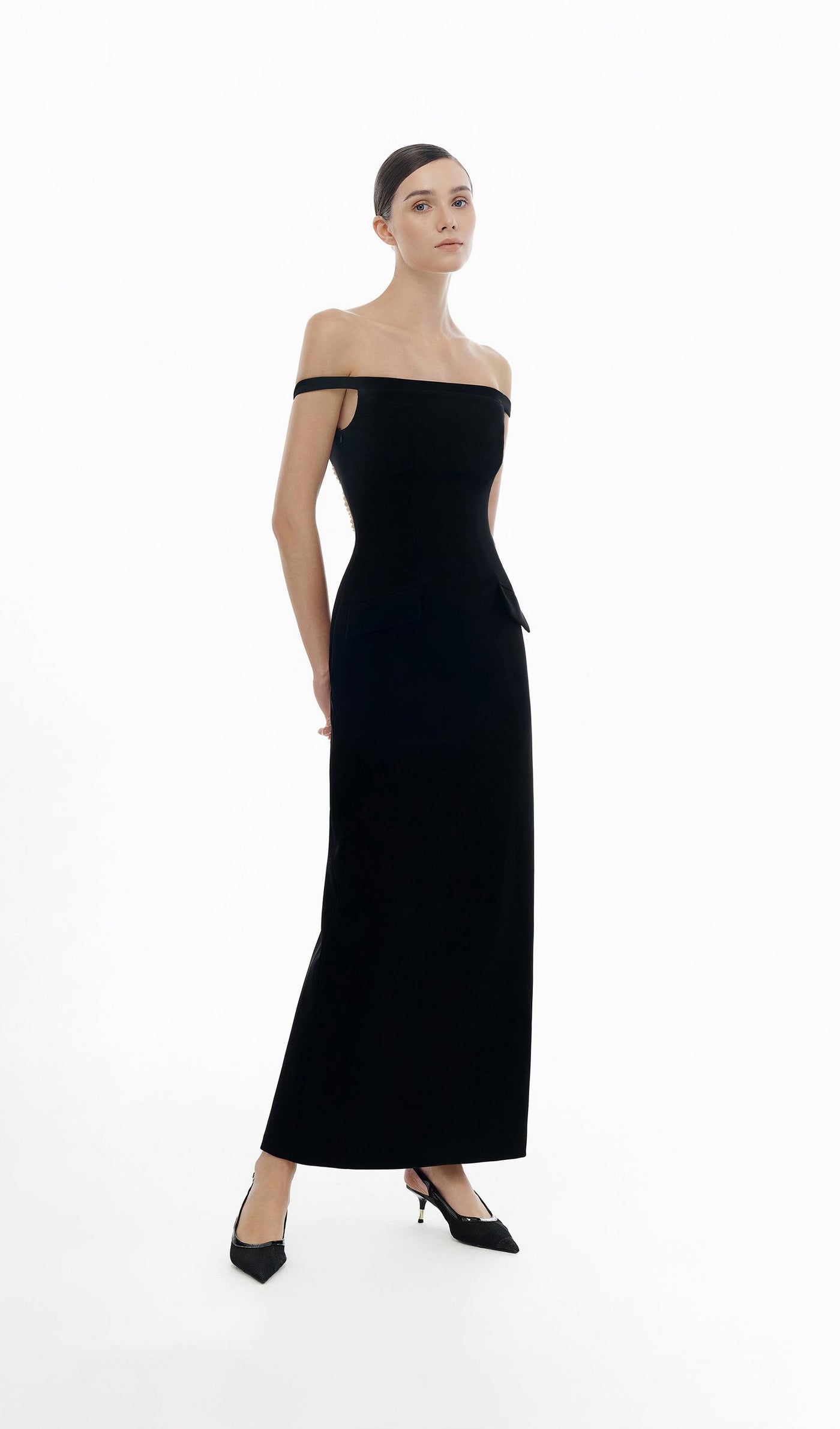 Off Shoulder Open Back Midi Dress