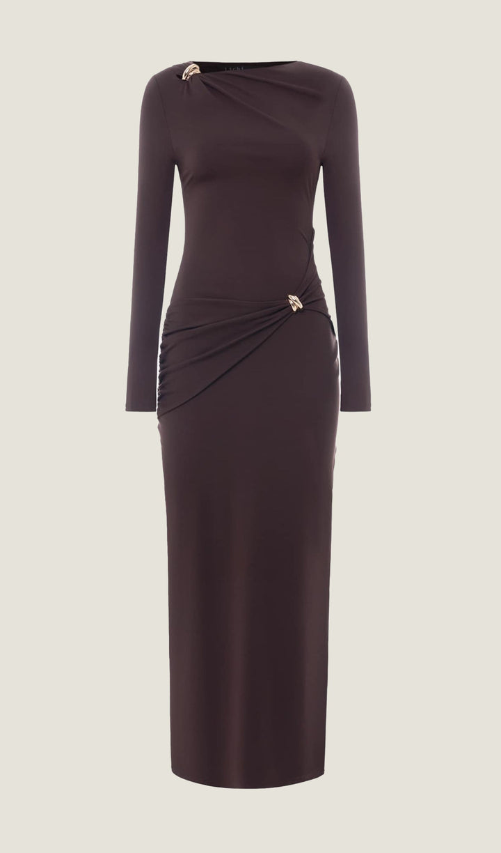 Jersey Seductive Fitted Maxi Dress-Brown - Celestia Couture
