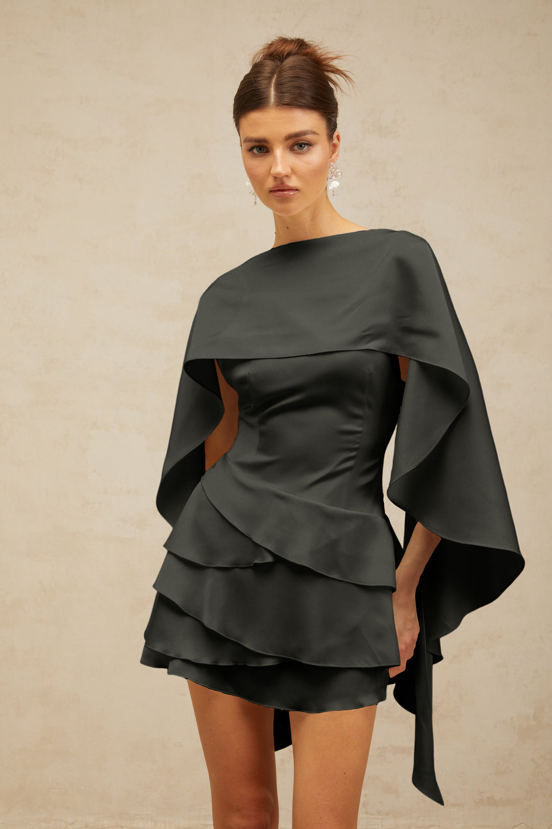 Lyna Black Satin Ruffled Mini Dress with Shawl Panel Detail - Celestia Couture