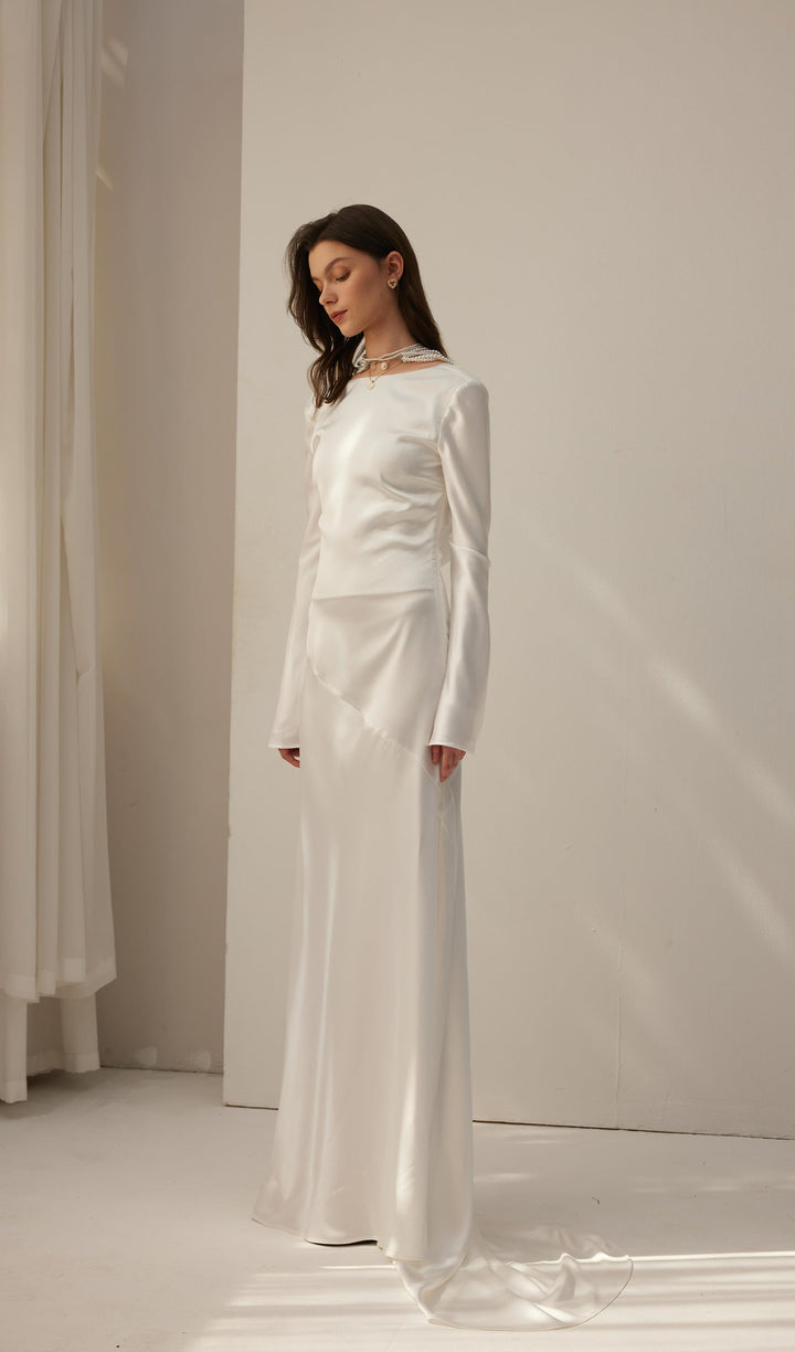 White Satin Long Sleeved Slim Evening Dress - Celestia Couture
