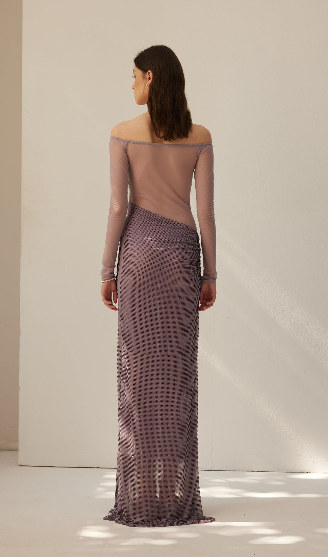 Diamante Off Shoulder Maxi Dress - Gray Purple - Celestia Couture