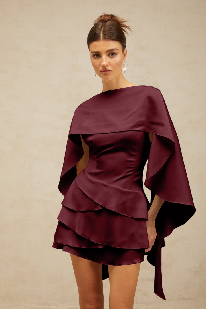 Lyna shawl-panel ruffled satin mini dress in Red - Celestia Couture