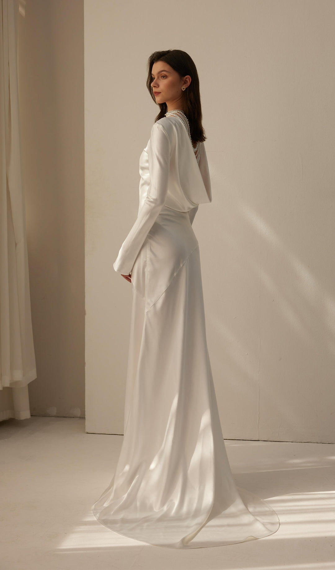 White Satin Long Sleeved Slim Evening Dress - Celestia Couture