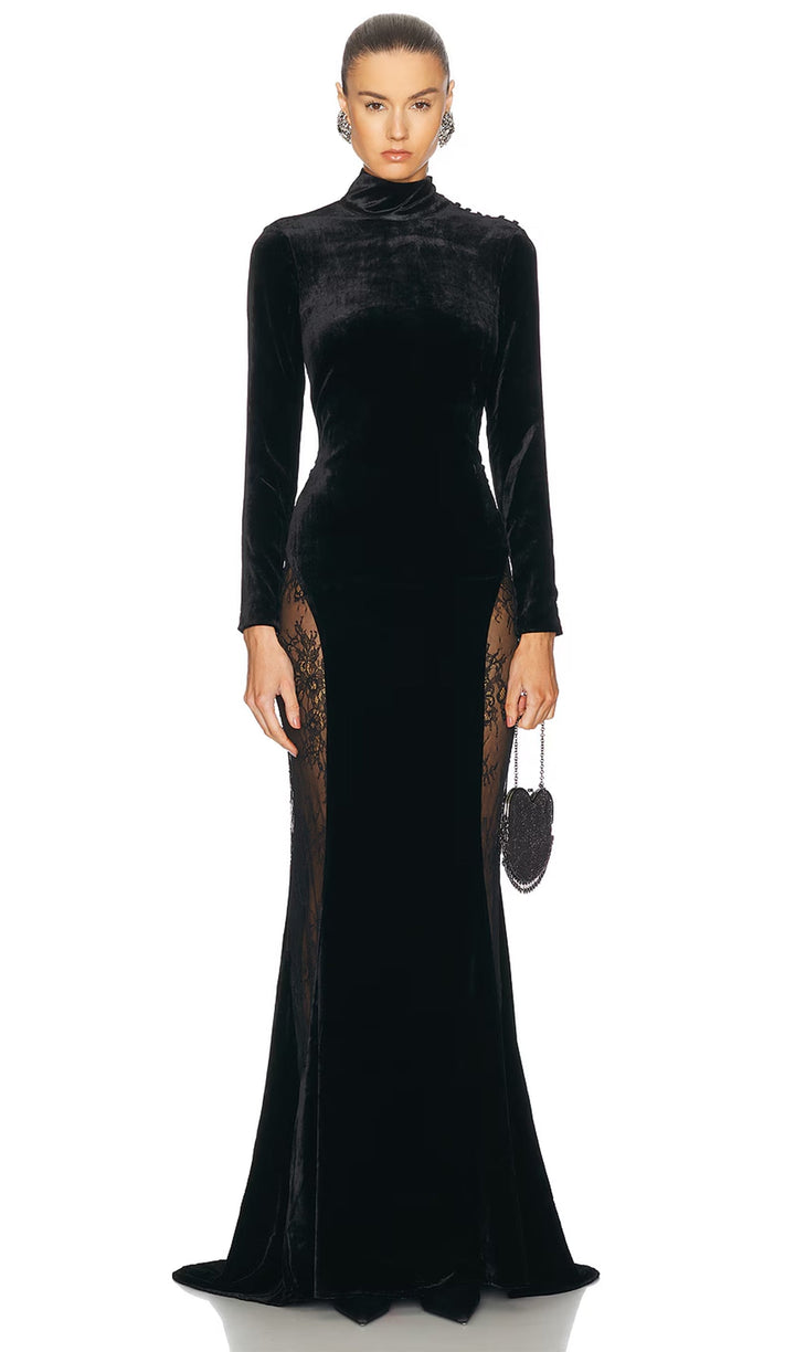 Semi-Sheer Lace Velvet Maxi Dress - Celestia Couture