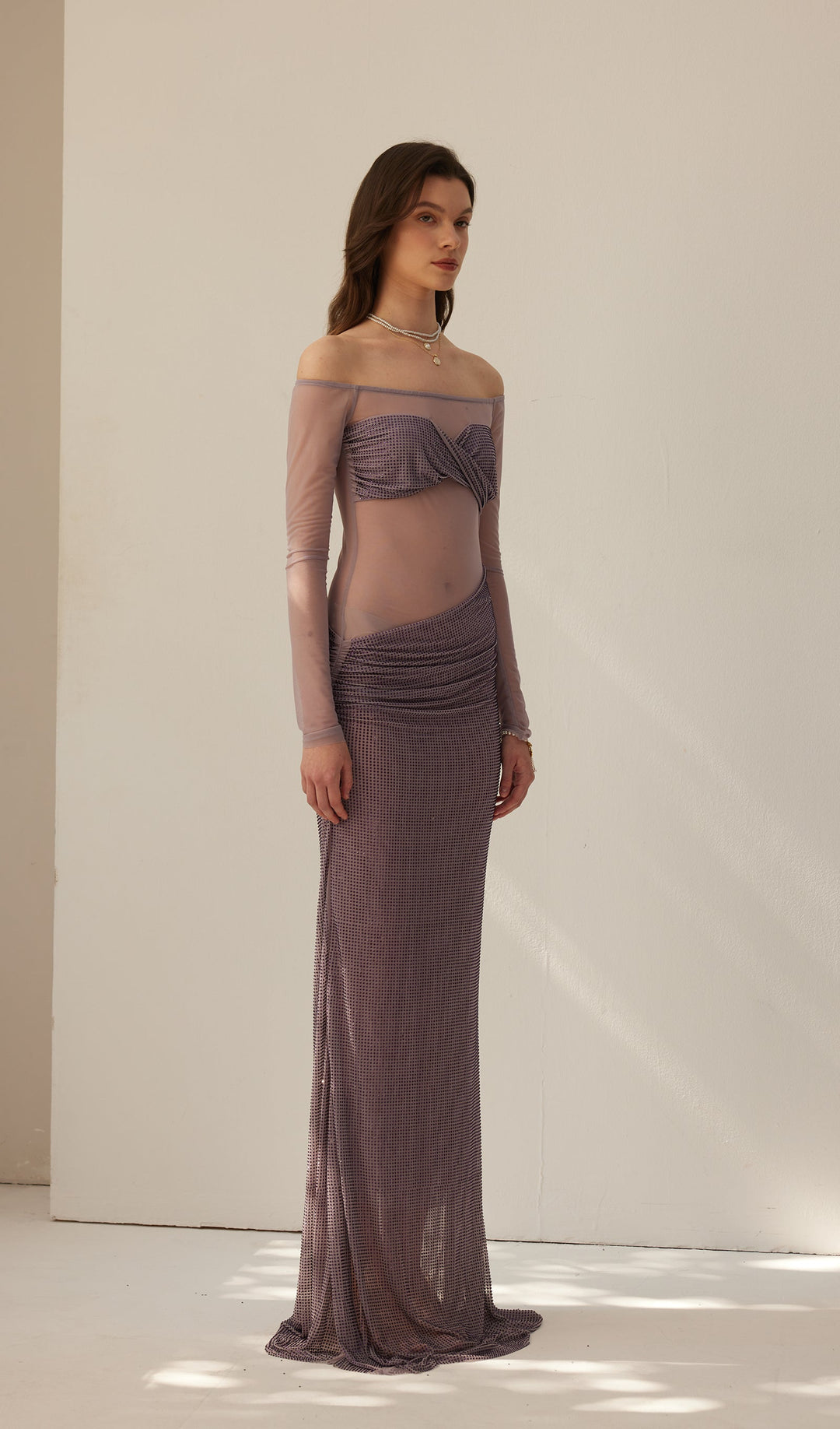 Diamante Off Shoulder Maxi Dress - Gray Purple - Celestia Couture