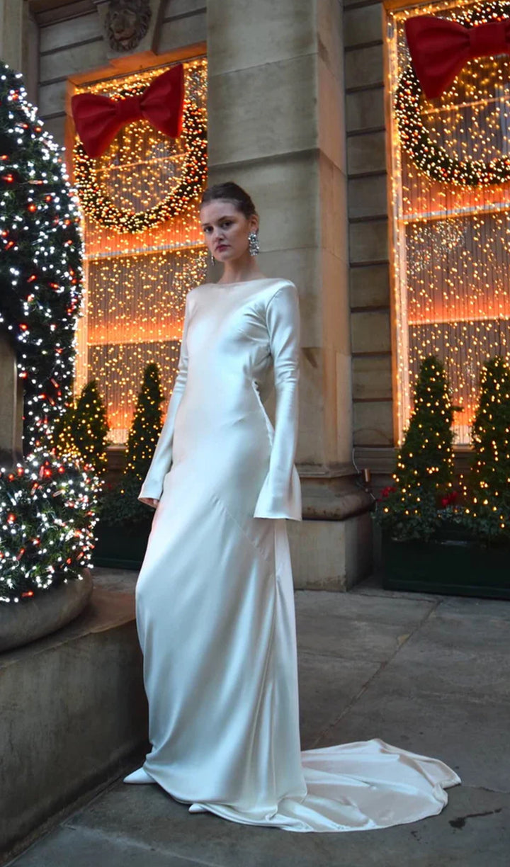 White Satin Long Sleeved Slim Evening Dress - Celestia Couture
