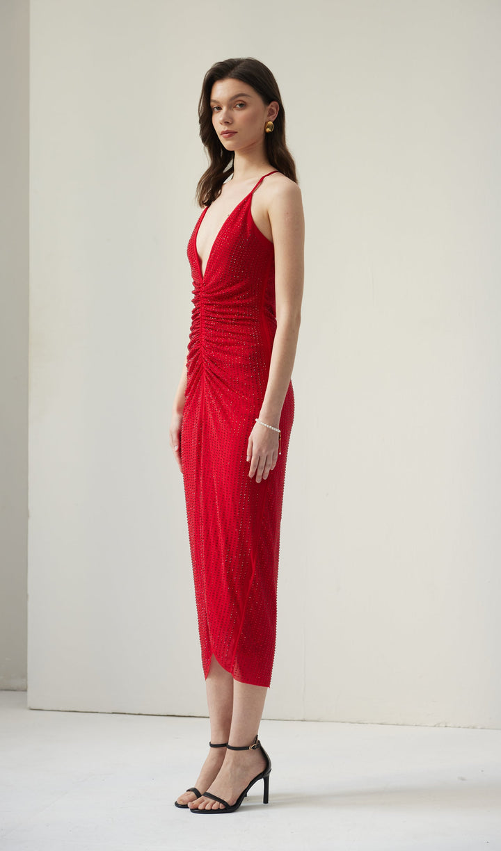 Diamante Ruched Midi Dress - Celestia Couture