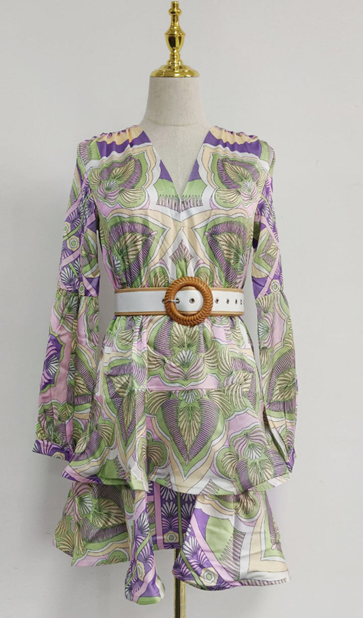 Long Sleeve Boho Floral V Neck Mini Dress - Celestia Couture
