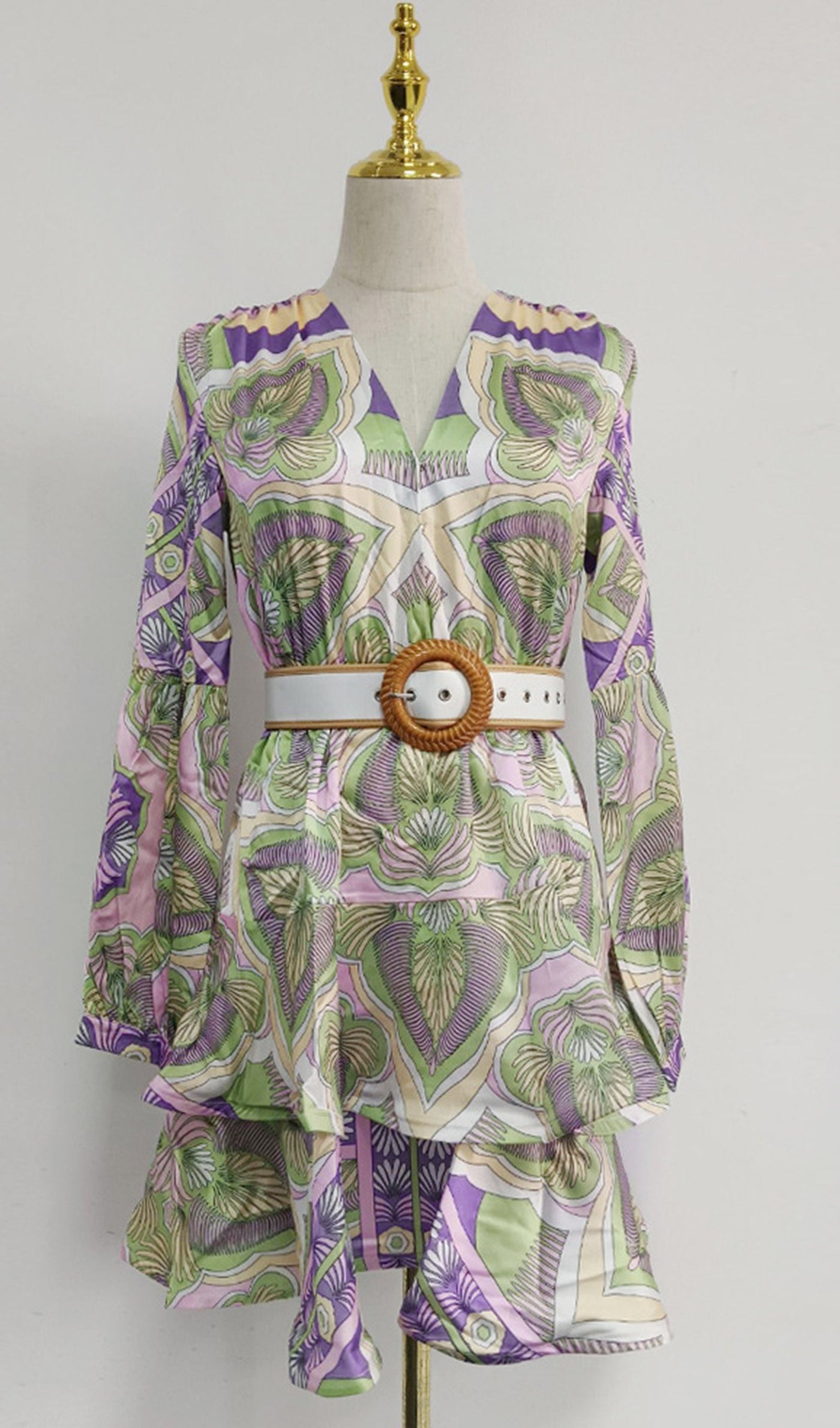 Long Sleeve Boho Floral V Neck Mini Dress