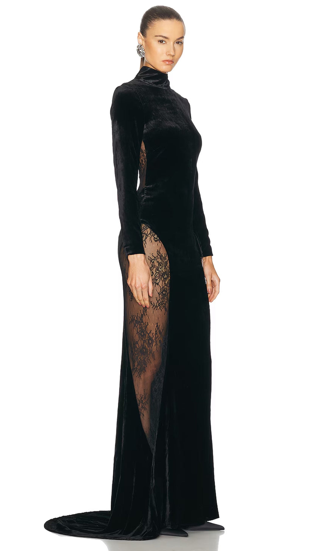 Semi-Sheer Lace Velvet Maxi Dress - Celestia Couture