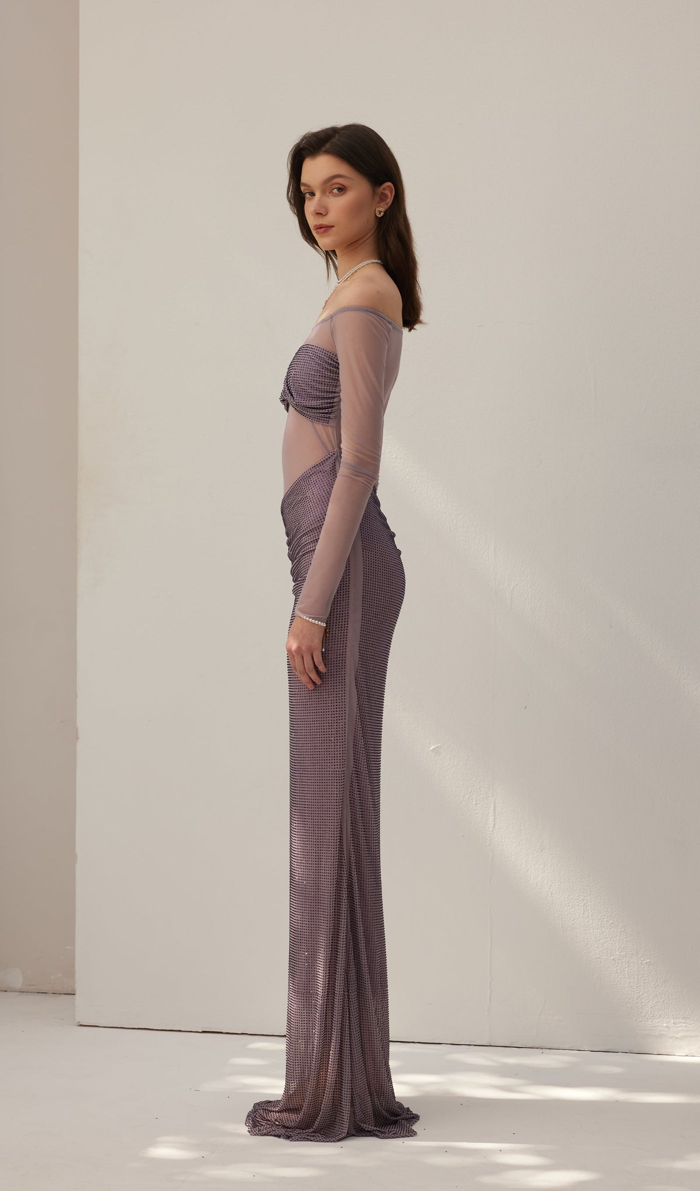 Diamante Off Shoulder Maxi Dress - Gray Purple