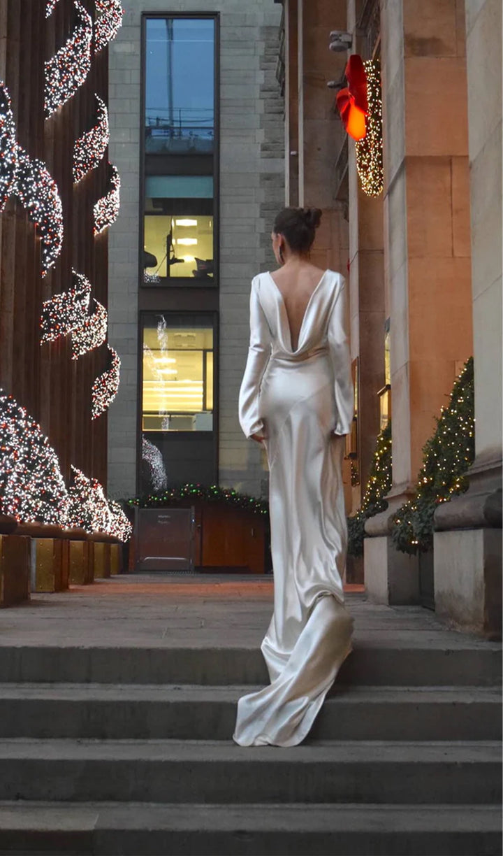 White Satin Long Sleeved Slim Evening Dress - Celestia Couture