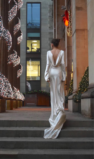 White Satin Long Sleeved Slim Evening Dress