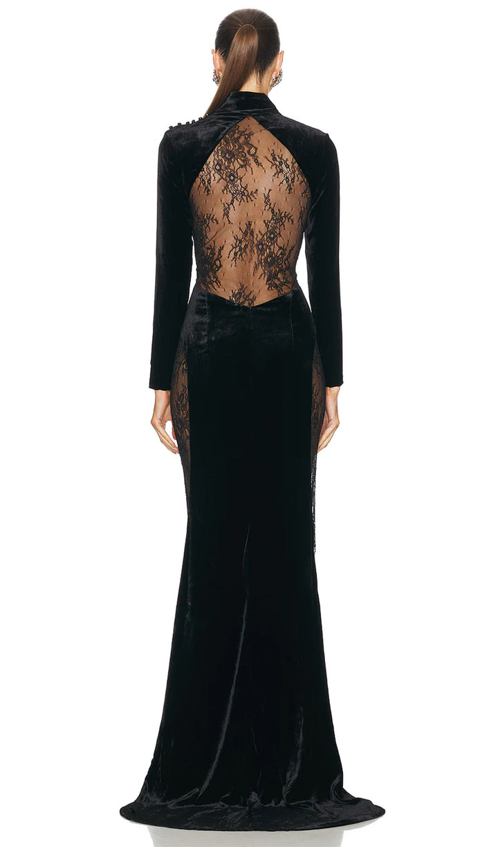 Semi-Sheer Lace Velvet Maxi Dress - Celestia Couture