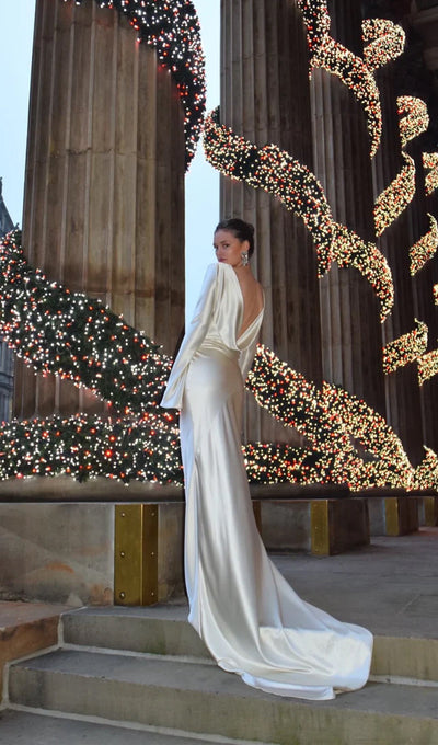 White Satin Long Sleeved Slim Evening Dress