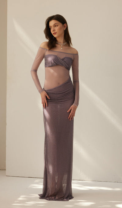 Diamante Off Shoulder Maxi Dress - Gray Purple