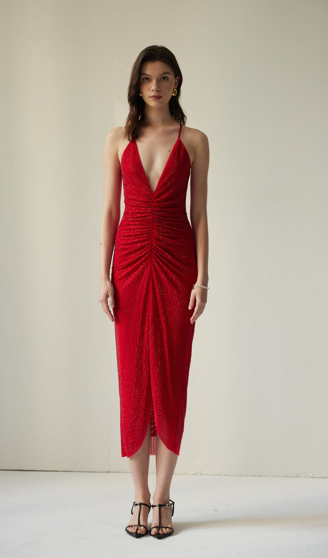 Diamante Ruched Midi Dress - Celestia Couture
