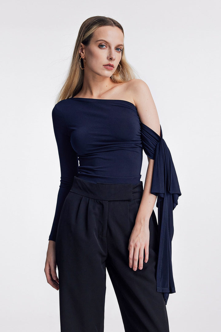 Abia Asymmetric Single Shoulder Ruch Lace Up Top - Celestia Couture