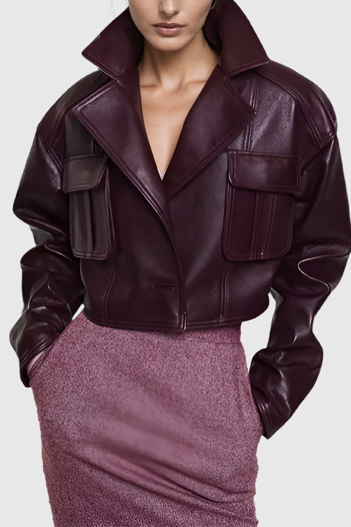 Acelin Pocket Lapel Leather Jacket - Celestia Couture