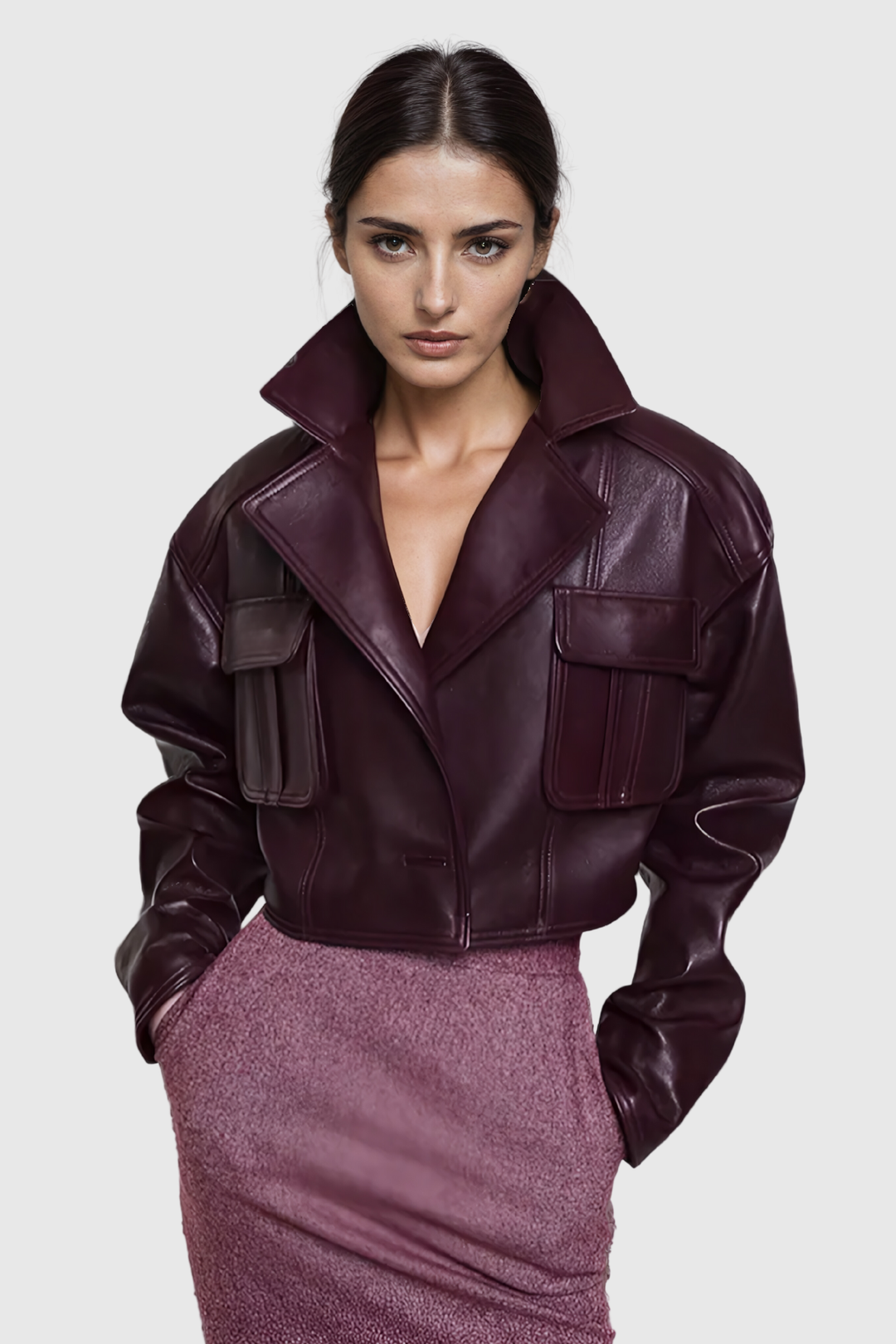 Acelin Pocket Lapel Leather Jacket - Celestia Couture
