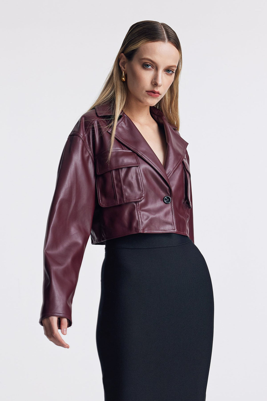 Acelin Pocket Lapel Leather Jacket - Celestia Couture