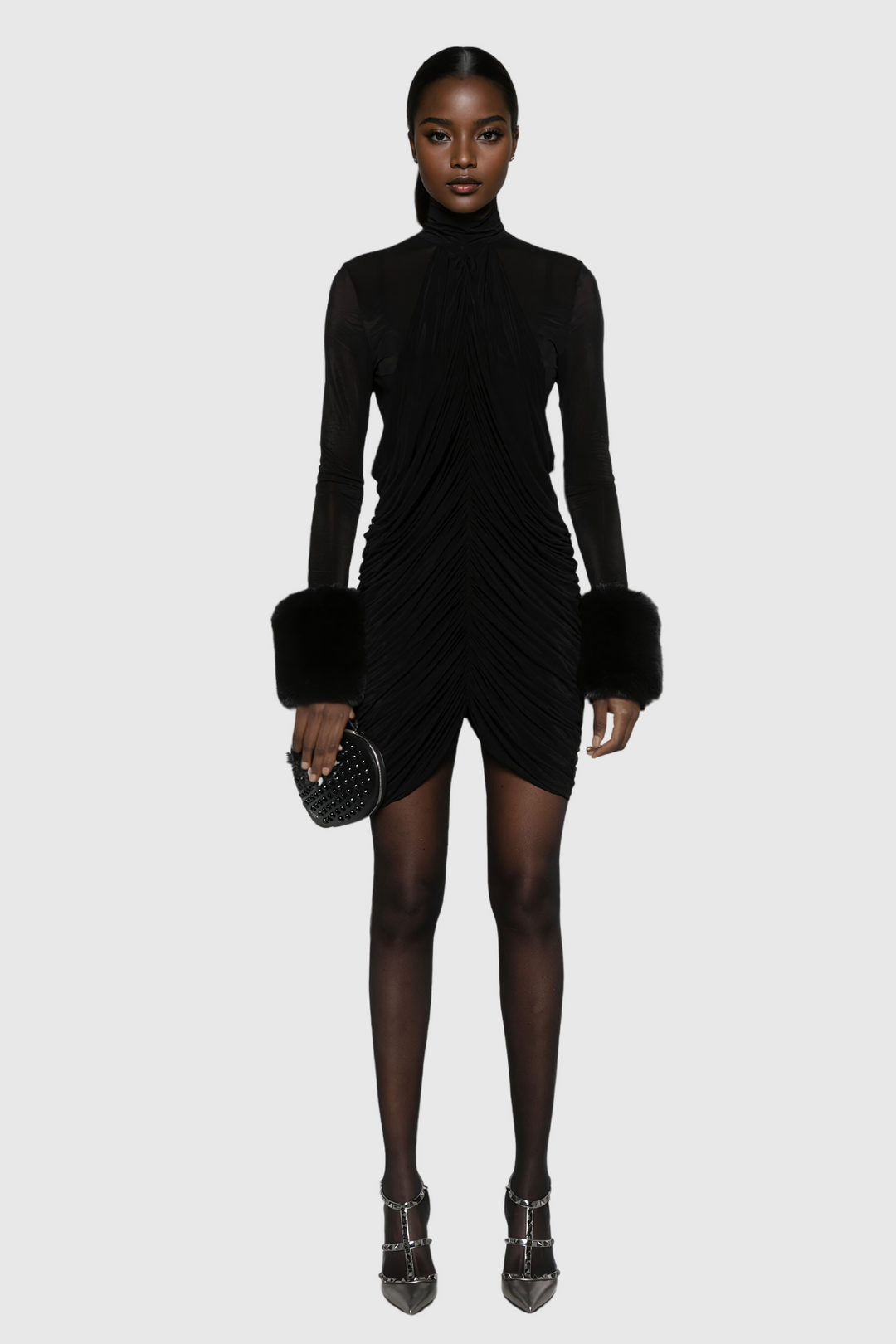 Aelwen Ruch Faux Fur Bodycon Mini Dress - Celestia Couture
