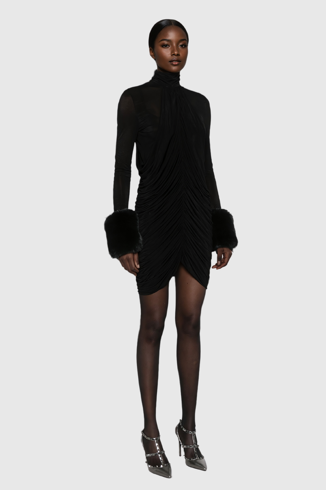 Aelwen Ruch Faux Fur Bodycon Mini Dress - Celestia Couture