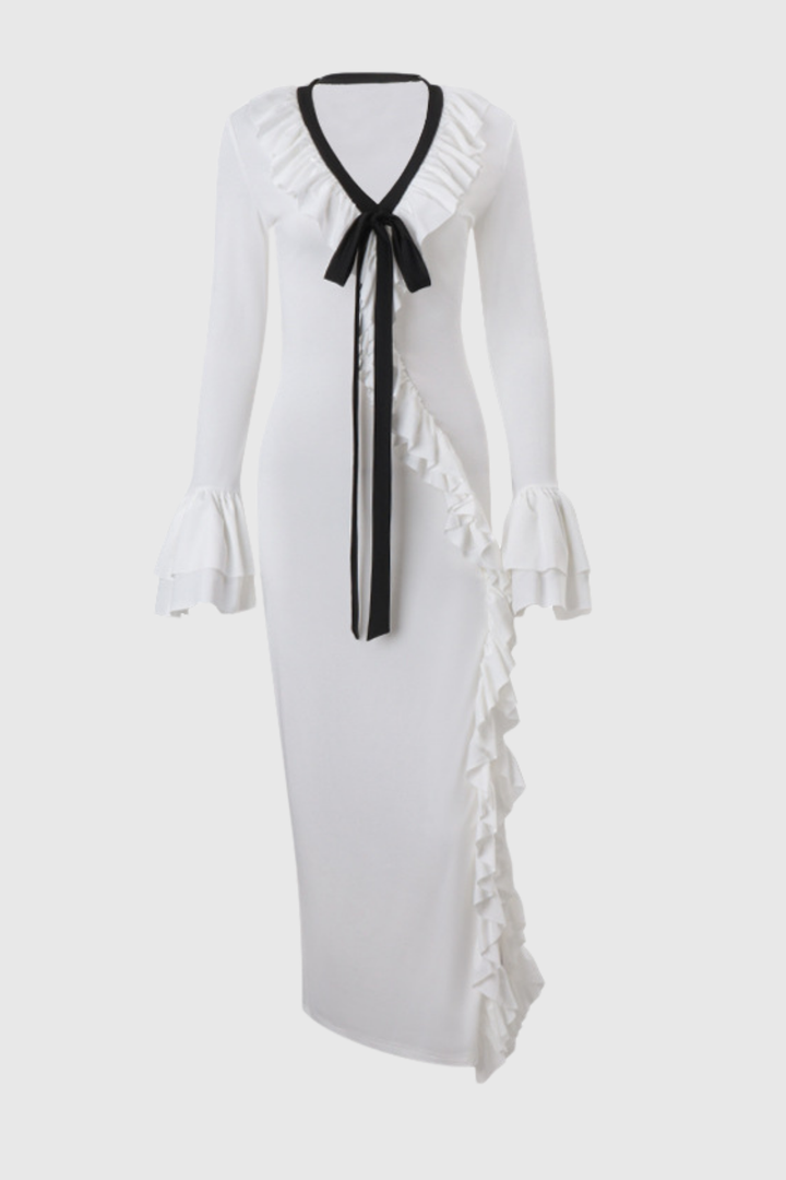 Aesara Ruffle Lace Up Maxi Dress - Celestia Couture