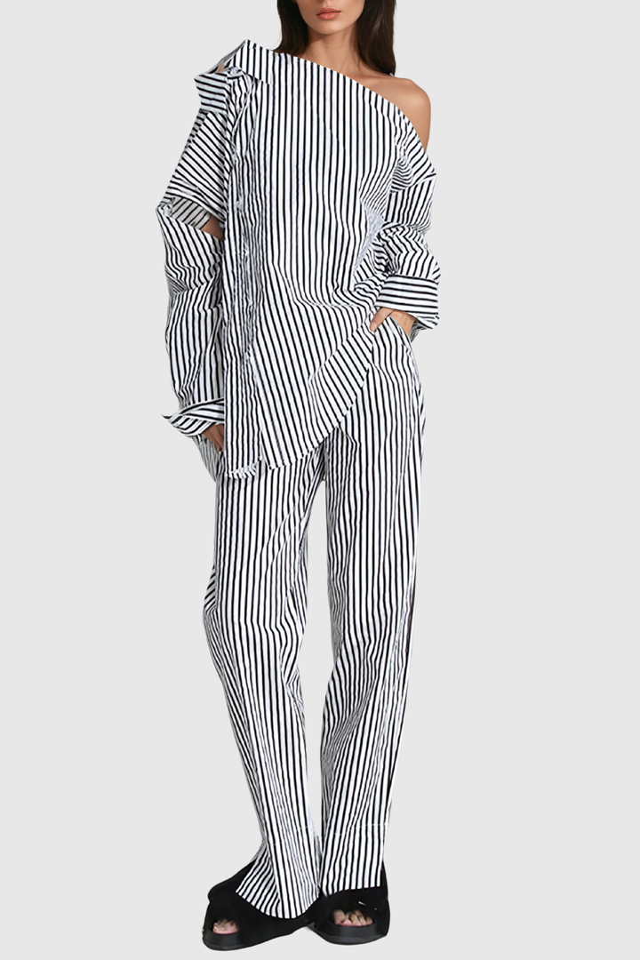 Agostino Single Shoulder Cutout Stripe Pants Set - Celestia Couture