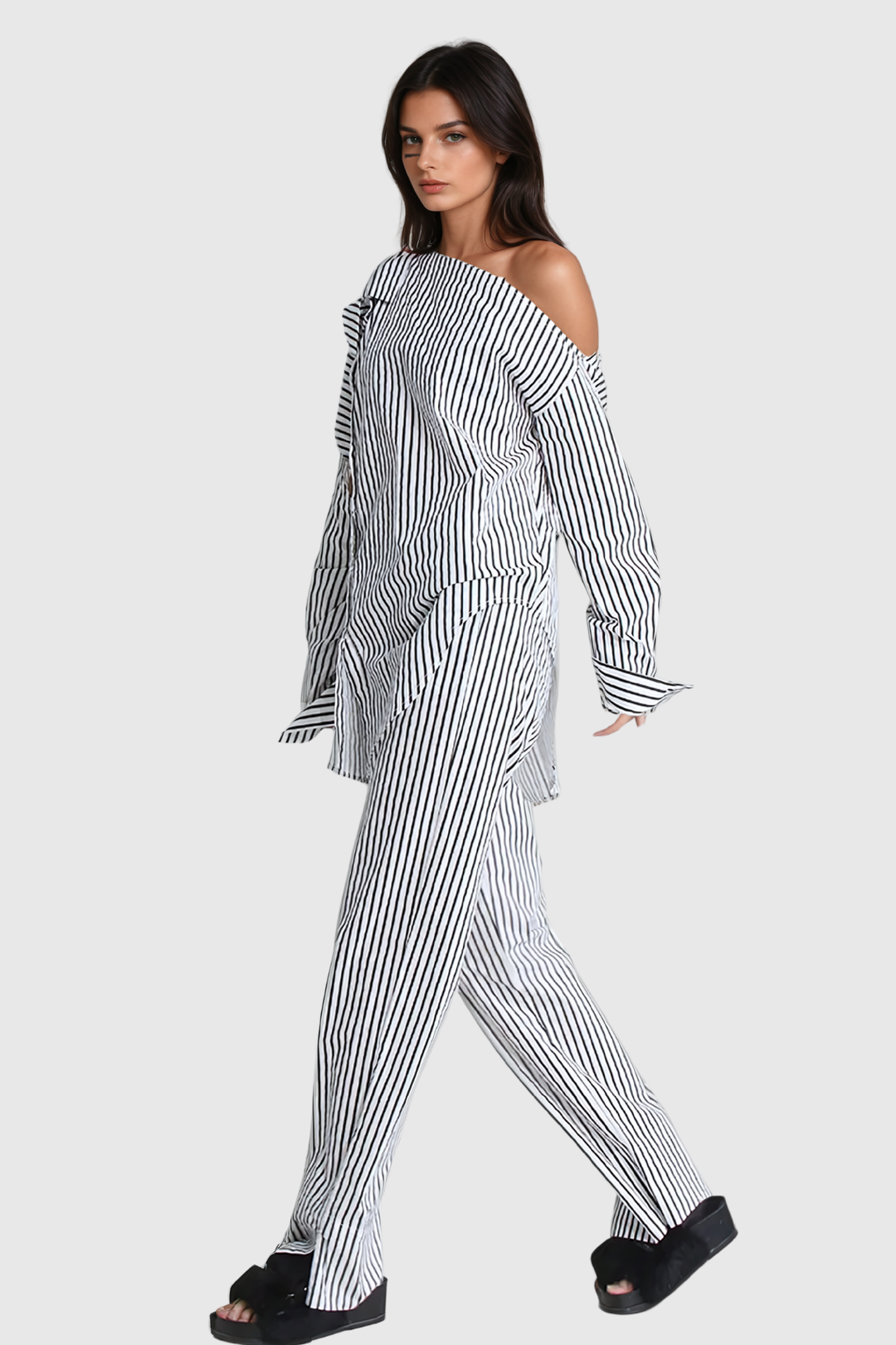 Agostino Single Shoulder Cutout Stripe Pants Set - Celestia Couture