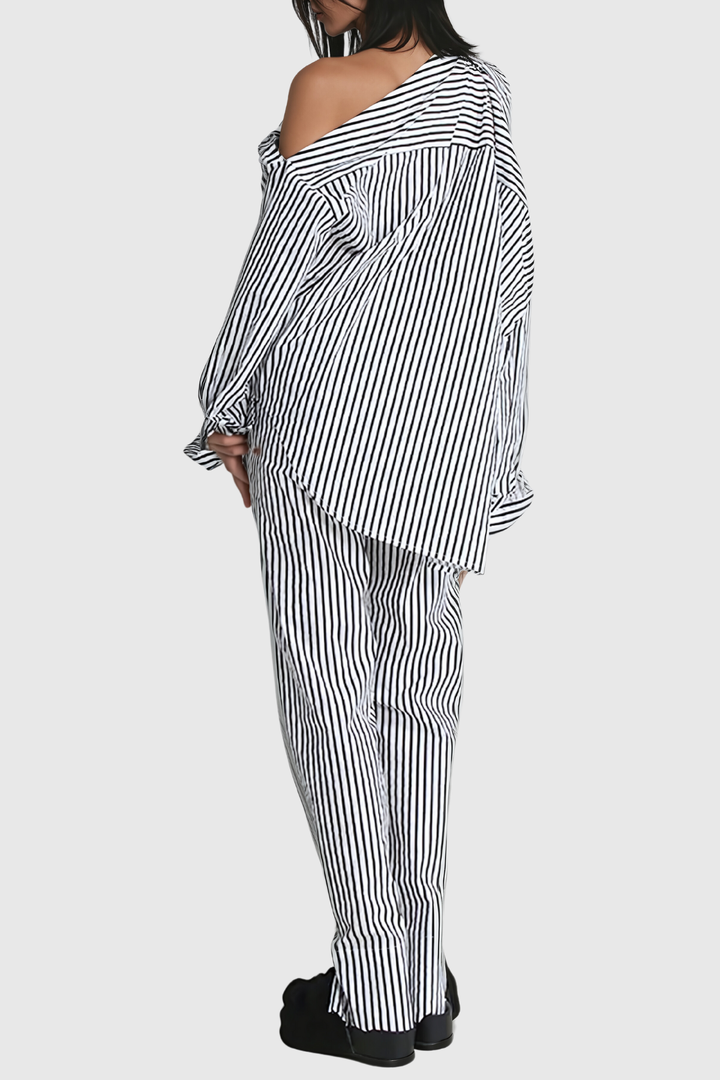 Agostino Single Shoulder Cutout Stripe Pants Set - Celestia Couture
