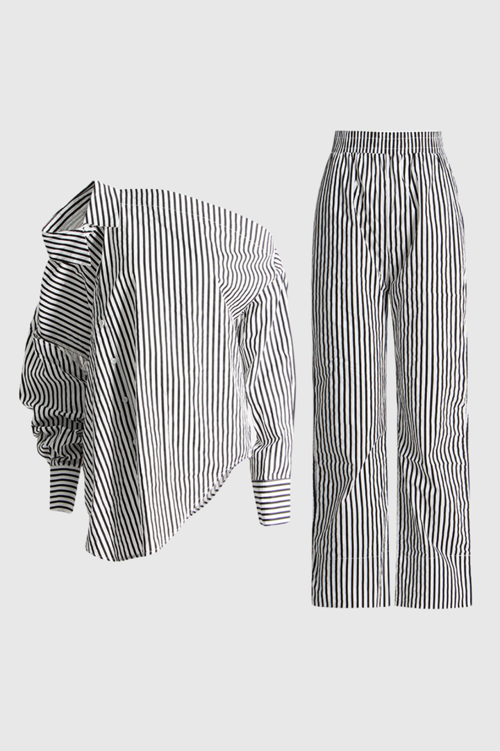 Agostino Single Shoulder Cutout Stripe Pants Set - Celestia Couture