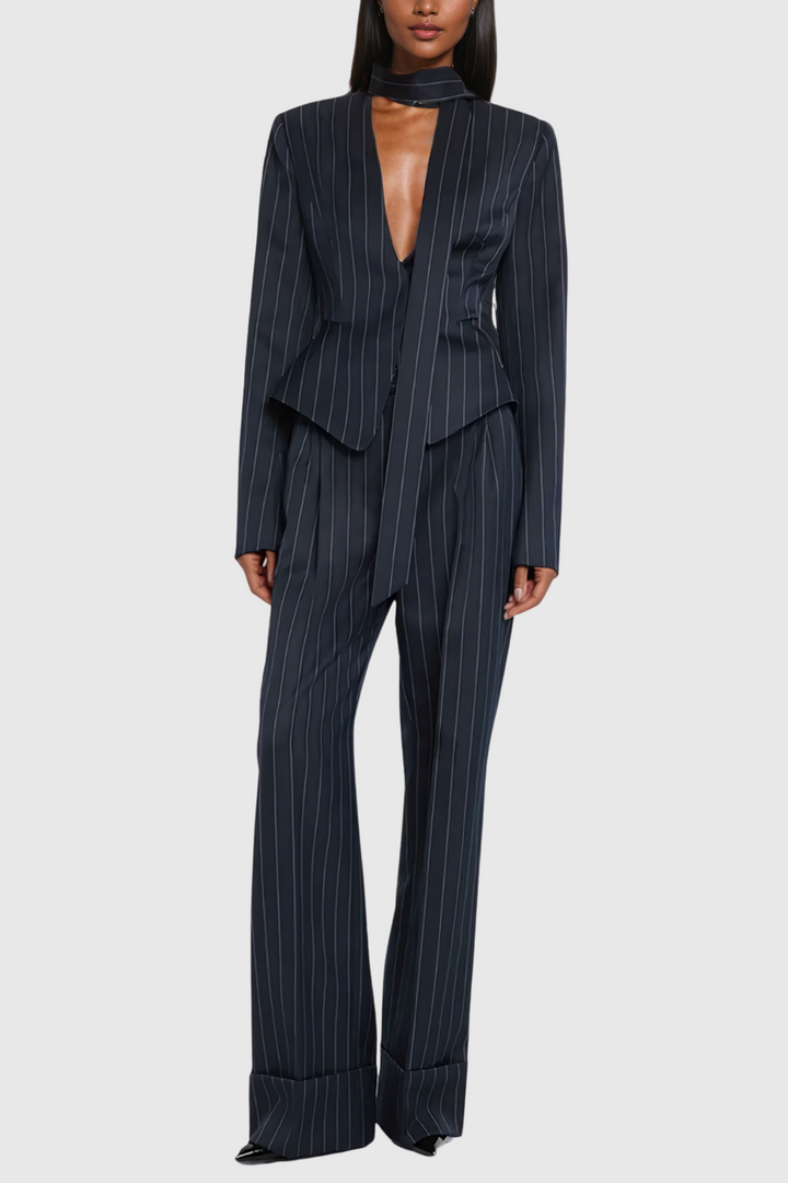 Ahuva Plunge Lace Up Stripe Blazer - Celestia Couture