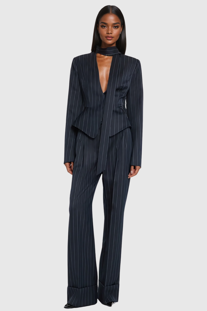 Ahuva Plunge Lace Up Stripe Blazer - Celestia Couture
