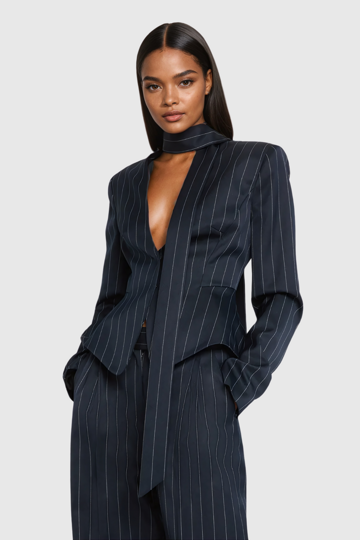 Ahuva Plunge Lace Up Stripe Blazer - Celestia Couture