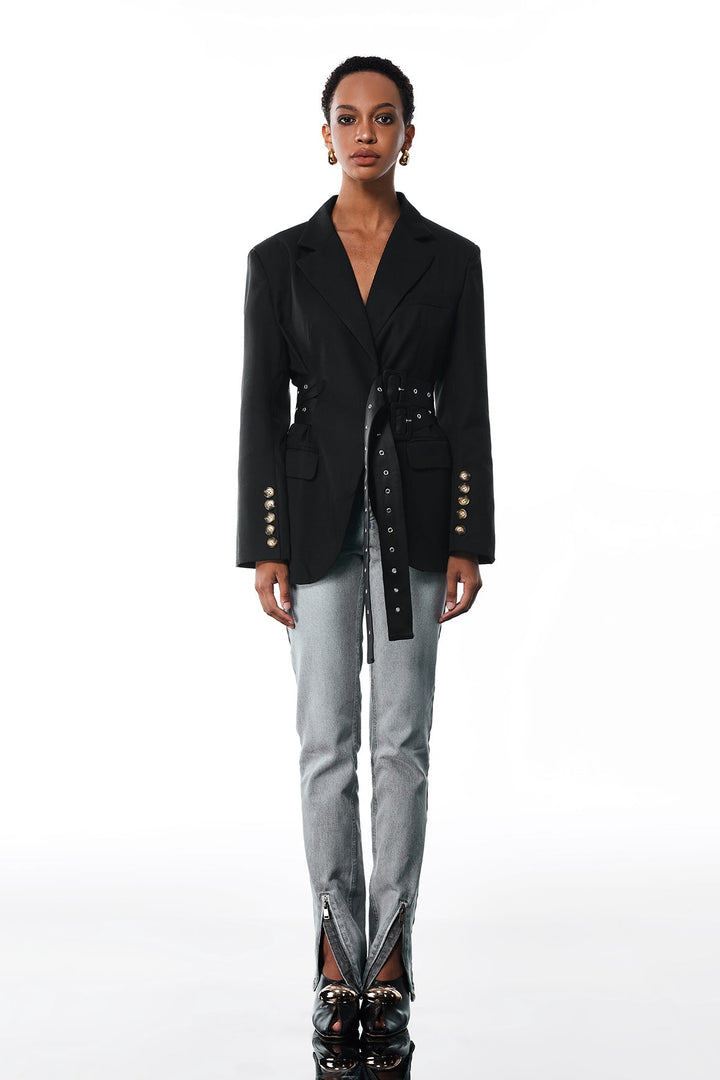 Aibhne Buckle Lapel Blazer In Black - Celestia Couture