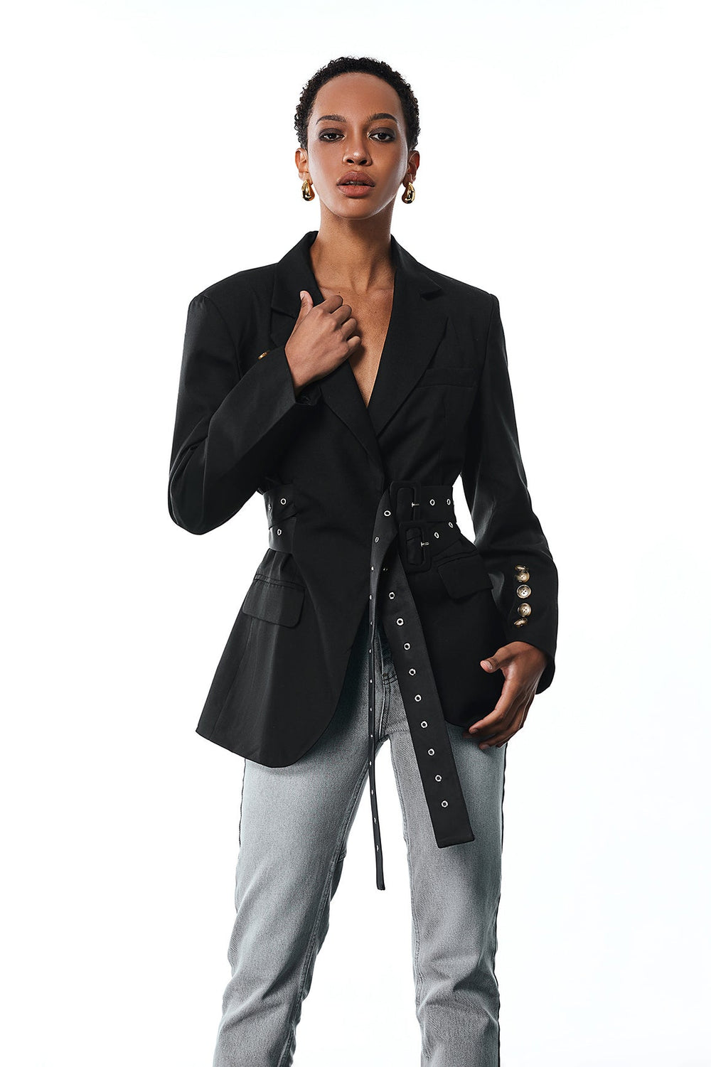 Aibhne Buckle Lapel Blazer In Black - Celestia Couture