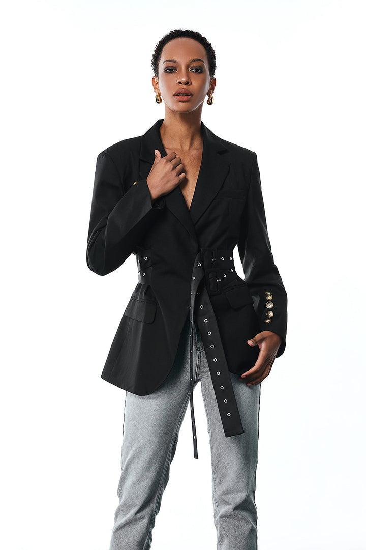 Aibhne Buckle Lapel Blazer In Black - Celestia Couture