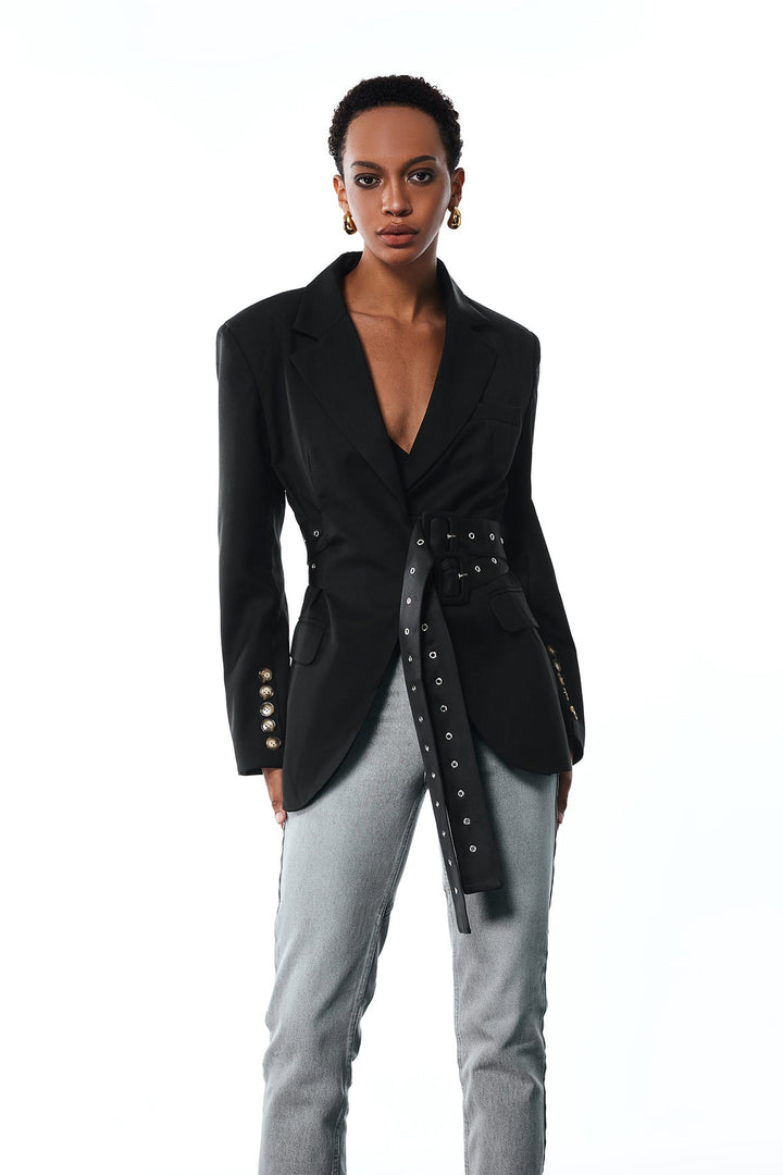 Aibhne Buckle Lapel Blazer In Black - Celestia Couture