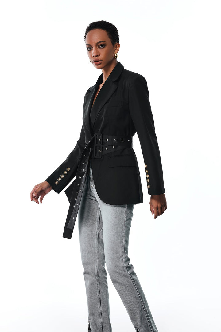 Aibhne Buckle Lapel Blazer In Black - Celestia Couture